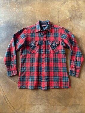 VTG 70s Adamsrow Red Green Plaid Flannel Wool Long Sleeve Shirt